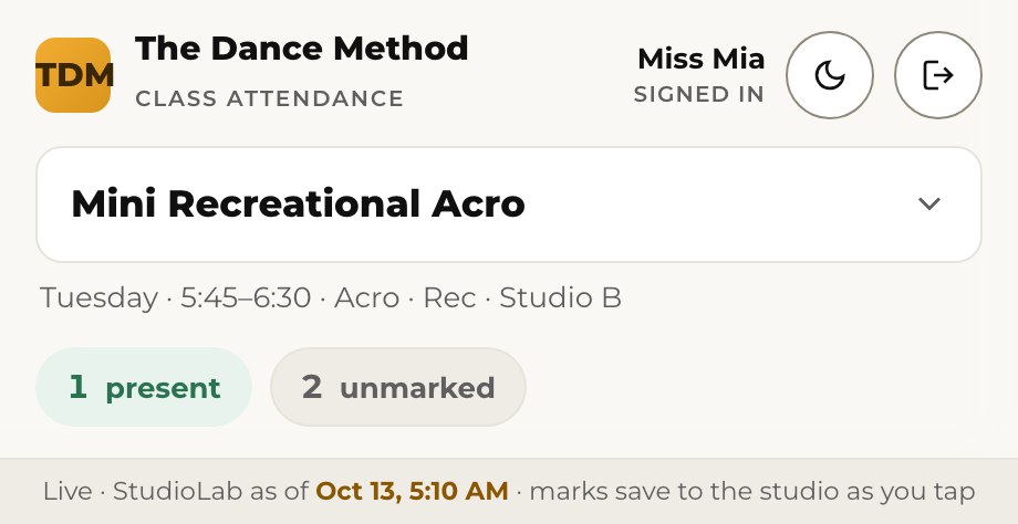 Connected: the bar says marks save to the studio as you tap.