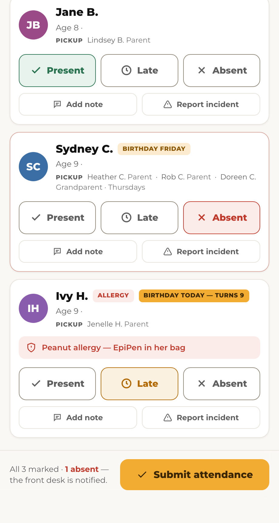 Submit attendance at the bottom when the register is right.