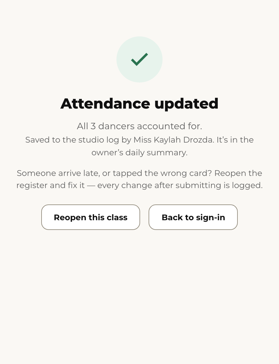 After a correction the screen says Attendance updated.